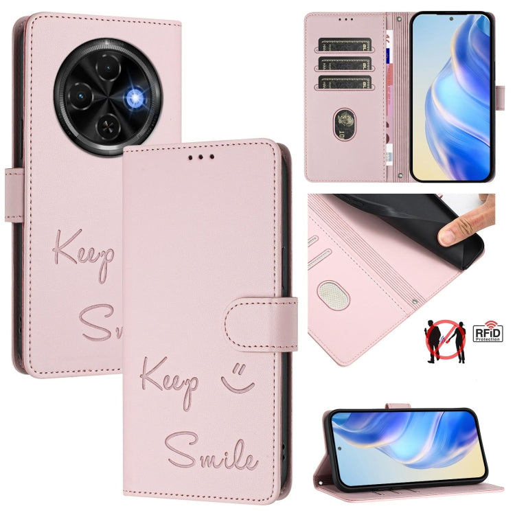 Light pink RFID leather phone wallet case with folio cover and “Keep Smile” embossing