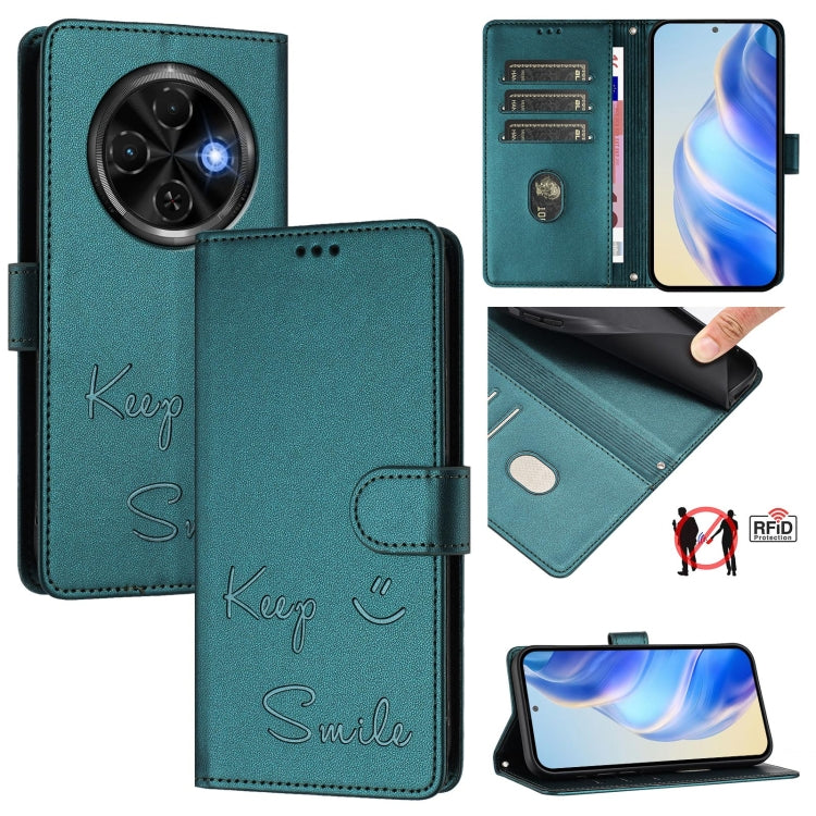 Teal RFID leather phone wallet case with folio cover and “Keep Smile” embossed design