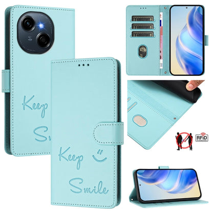 Light mint green leather flip phone wallet case with “Keep” and “Smile” text, front and stand