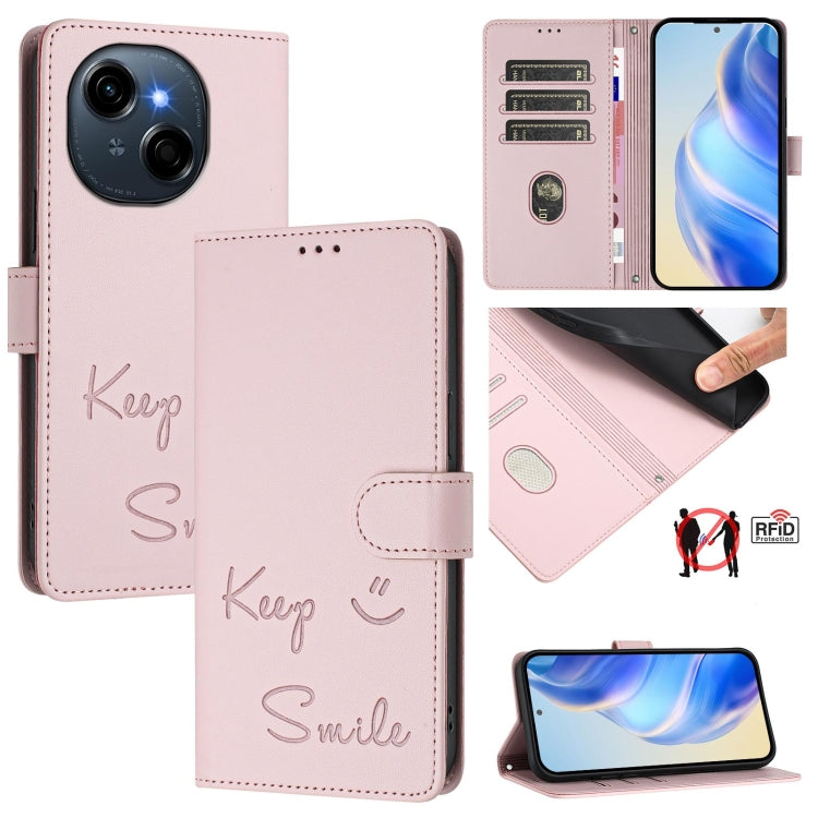 Light pink RFID leather phone wallet case with folio cover and “Keep Smile” embossing