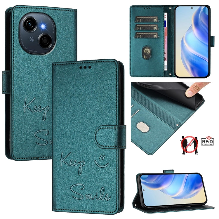 Teal RFID leather phone wallet case with folio cover and “Keep Smile” embossed design