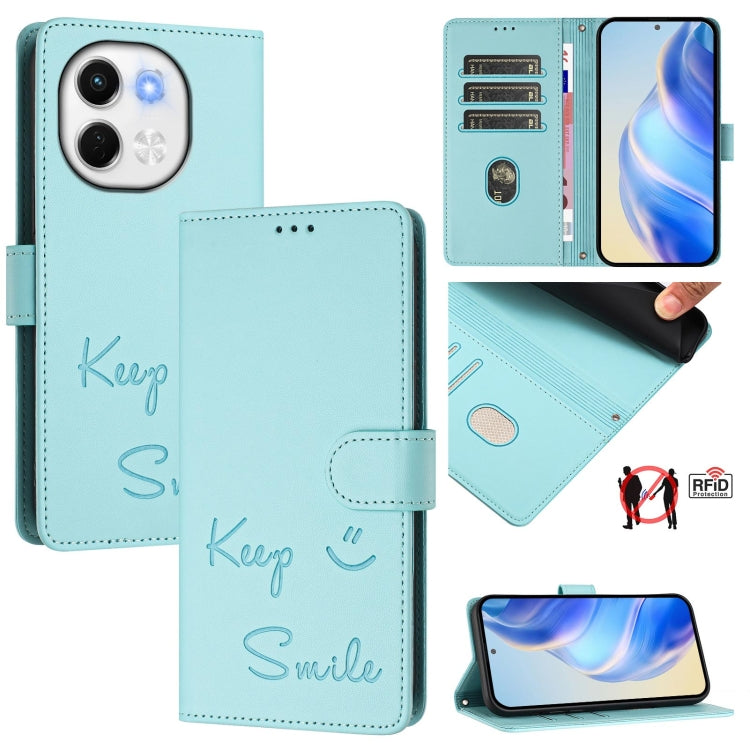 Light mint green leather flip phone wallet case with “Keep” and “Smile” text, RFID shield