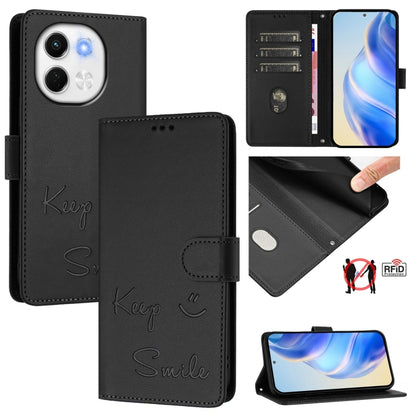 Black leather flip phone wallet case with “Keep” and “Smile” text, RFID shield