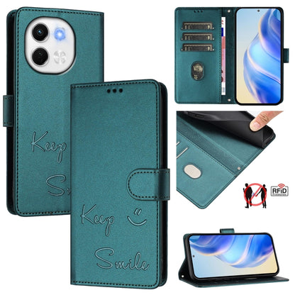 Peacock green leather flip phone wallet case with “Keep” and “Smile” text, front and stand