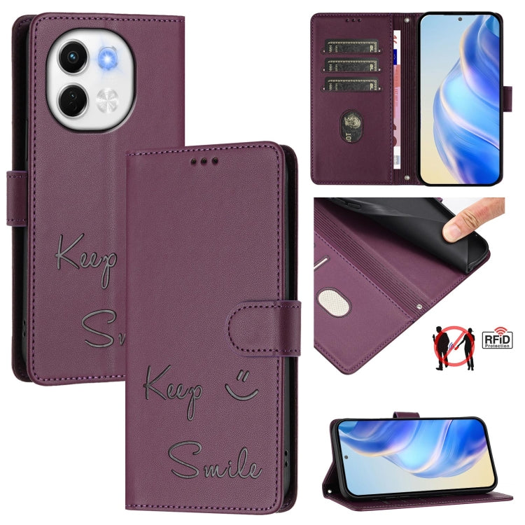Violet leather flip phone wallet case with “Keep” and “Smile” text, front and stand