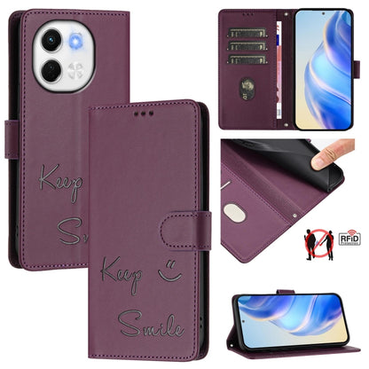 Violet leather flip phone wallet case with “Keep” and “Smile” text, front and stand