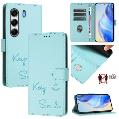 RFID leather phone wallet case with smile embossing, magnetic flap, card slots, mint blue