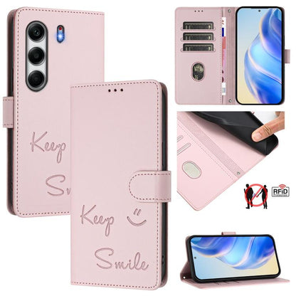 RFID leather phone wallet case with smile embossing, magnetic flap, card slots, light pink