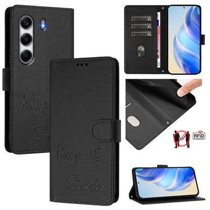 RFID leather phone wallet case with smile embossing, magnetic flap, card slots, black