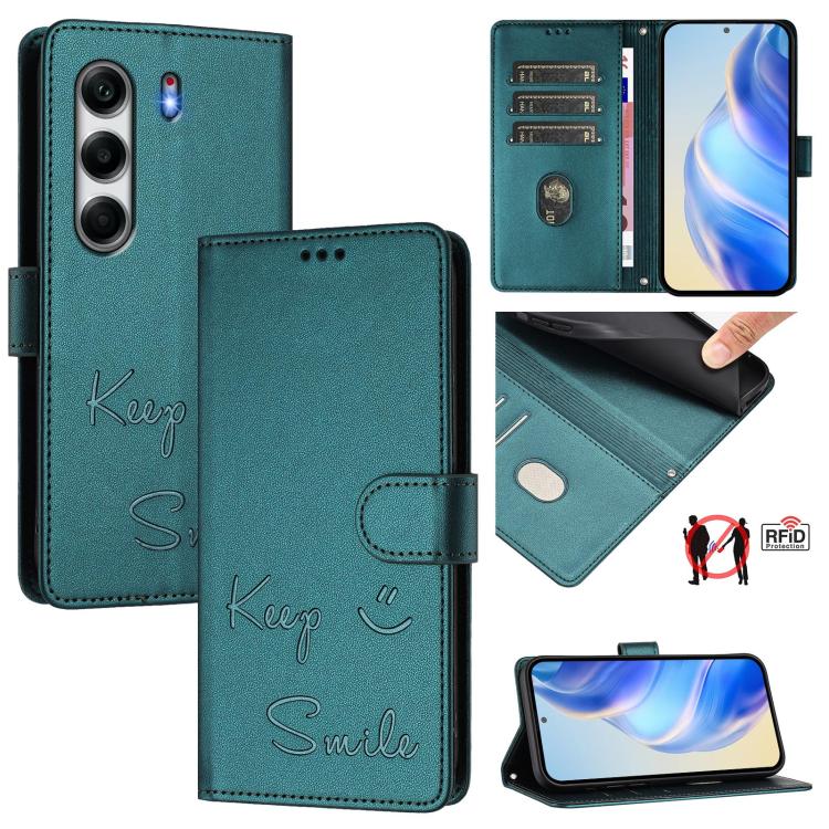 RFID leather phone wallet case with smile embossing, magnetic flap, card slots, teal green