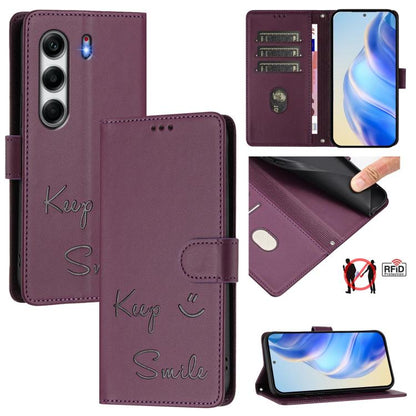 RFID leather phone wallet case with smile embossing, magnetic flap, card slots, burgundy