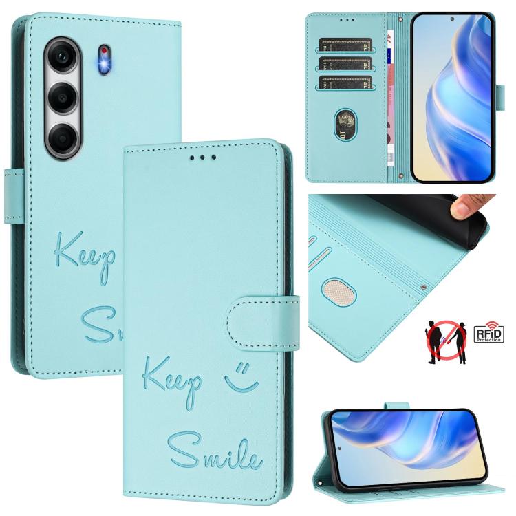 RFID leather wallet phone case in light aqua with embossed smile text and magnetic closure