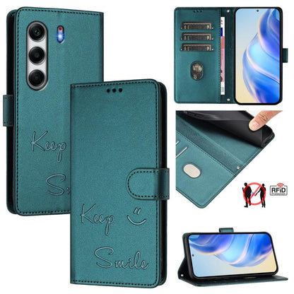 Peacock green RFID leather phone wallet case with flip cover and 'Keep Smile' embossing