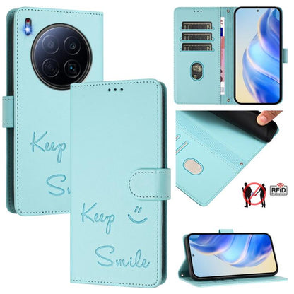 Mint green RFID leather phone wallet case with flip cover and 'Keep Smile' embossing