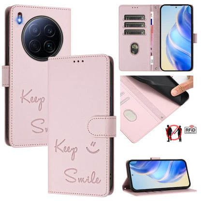 Pink RFID leather phone wallet case with flip cover and 'Keep Smile' embossing