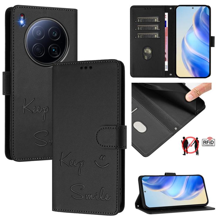 Black RFID leather phone wallet case with flip cover and 'Keep Smile' embossing