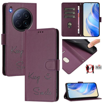 RFID leather phone wallet case with smile embossing, magnetic flap, card slots, dark purple