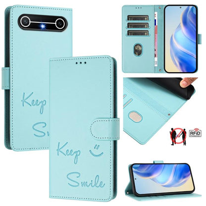 RFID leather phone wallet case with smile embossing, light blue, magnetic side flap