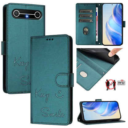 RFID leather wallet phone case in teal with embossed smile text and magnetic flap
