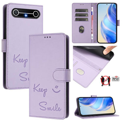 RFID leather wallet phone case in light purple with embossed smile text and magnetic flap