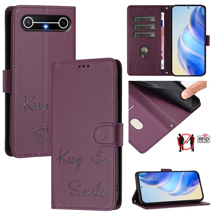RFID leather wallet phone case in plum with embossed smile text and magnetic flap