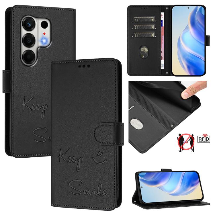 RFID leather phone wallet case with smile embossing, black, magnetic side flap