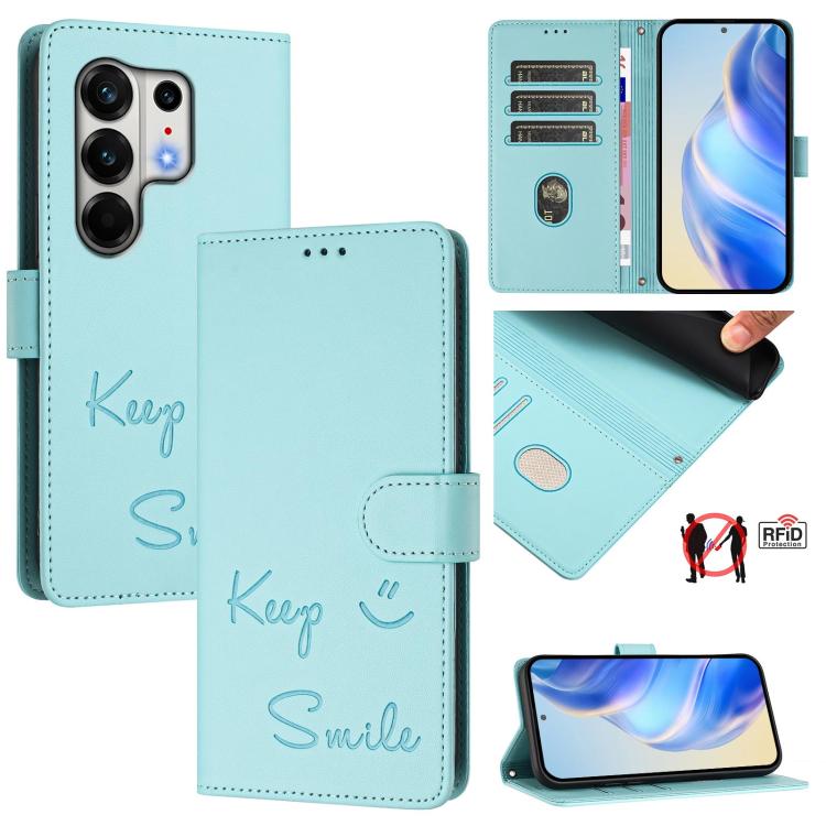 Mint green RFID leather phone case with embossed smile, folio wallet and card slots
