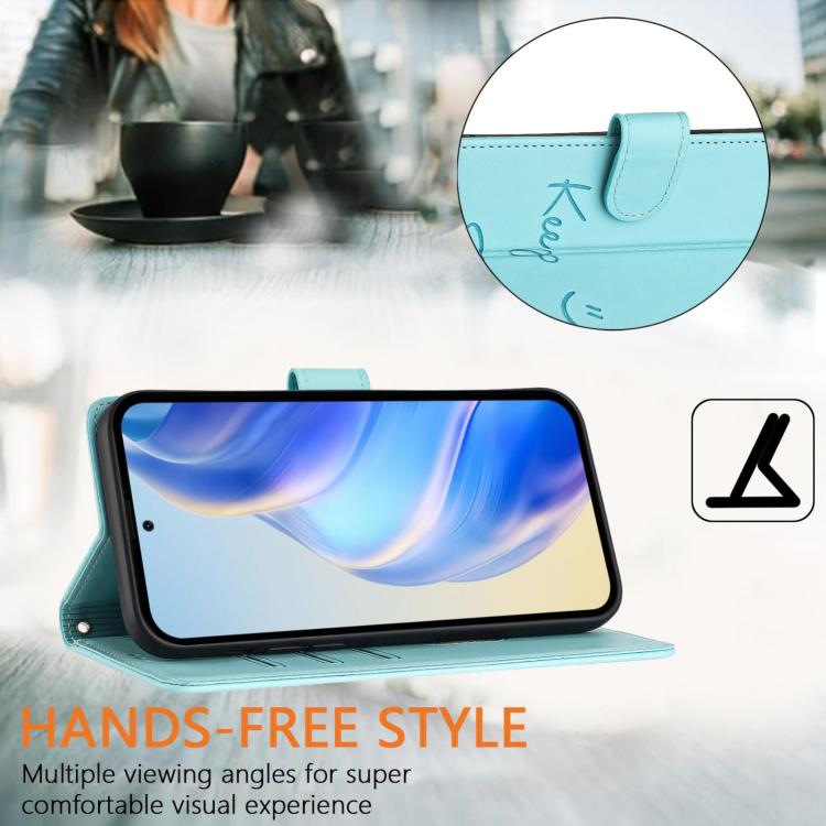 Mint green leather phone case with embossed smile, hands-free stand viewing angle