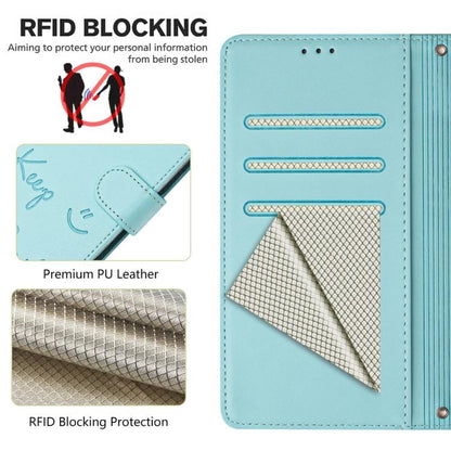 Mint green RFID blocking leather phone case, folio wallet with card slots and mesh layer