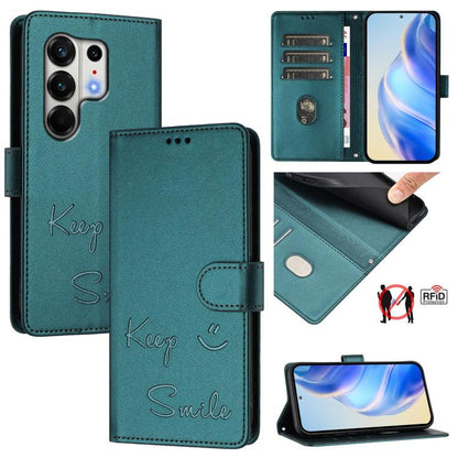 Peacock green RFID leather phone case with embossed smile, folio wallet and card slots