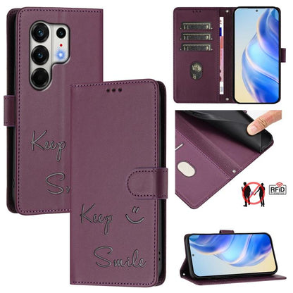 RFID leather phone wallet case with smile embossing, maroon purple, magnetic side flap