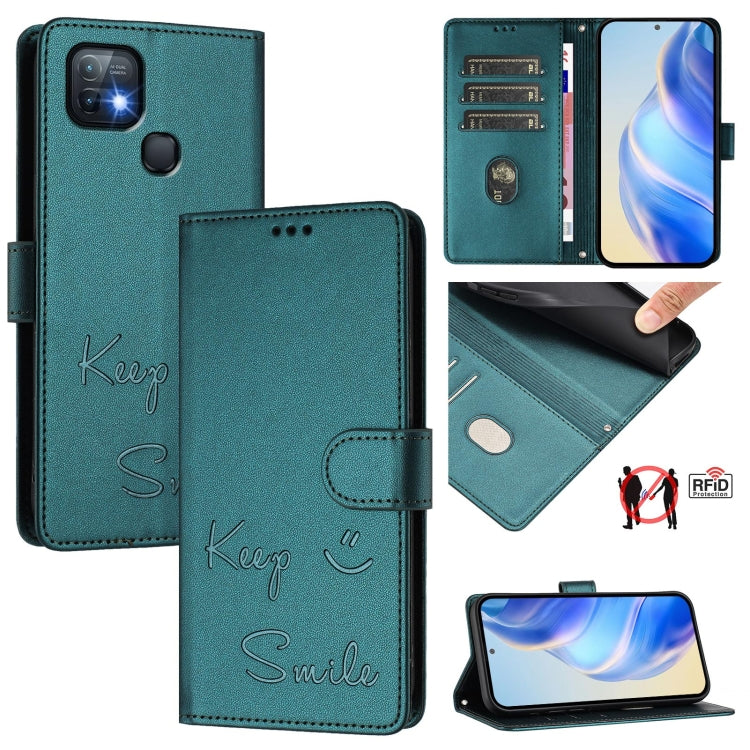 Peacock green leather phone wallet case with embossed Keep Smile script and card slots