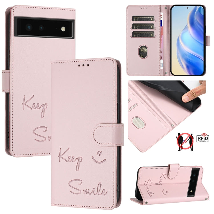Pink flip phone case with embossed “Keep Smile” design and card holder flap