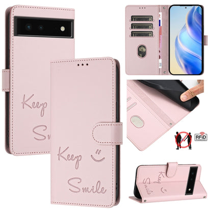 Pink flip phone case with embossed “Keep Smile” design and card holder flap