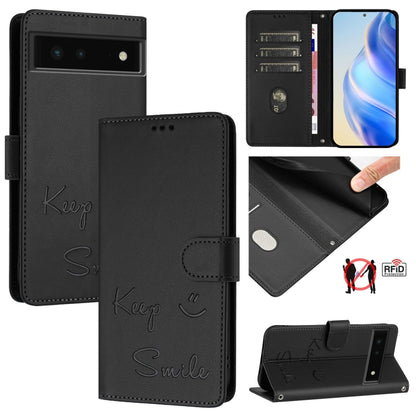 Black flip phone case with embossed “Keep Smile” script and side card holder
