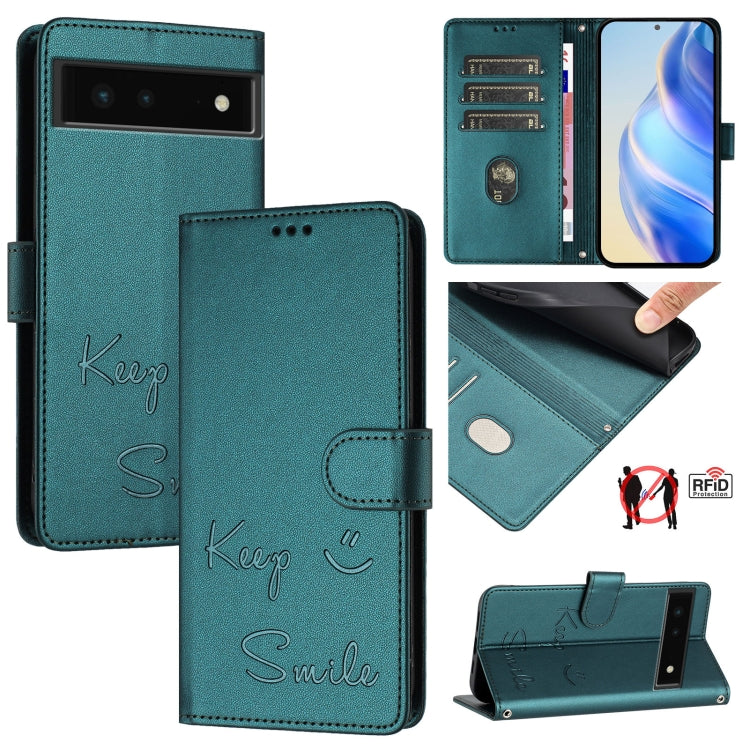 Teal flip phone case with embossed “Keep Smile” lettering and magnetic strap