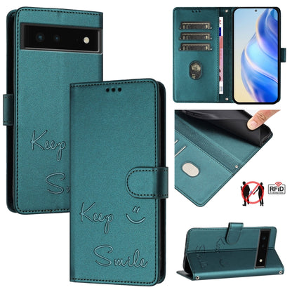 Teal flip phone case with embossed “Keep Smile” lettering and magnetic strap