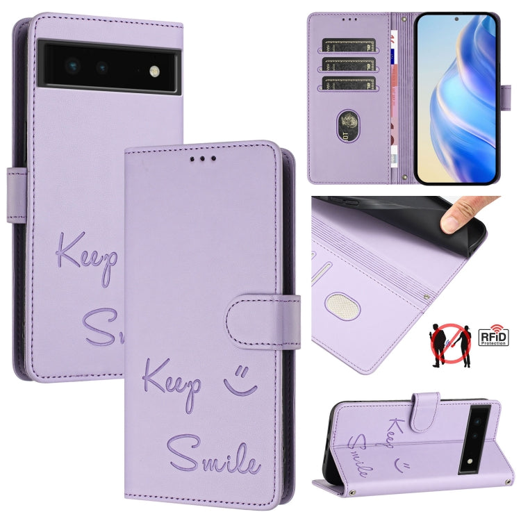 Lavender RFID leather phone case with embossed smile pattern and side wallet flap.