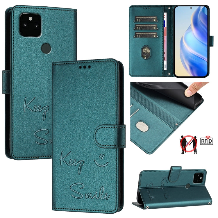 Teal RFID leather phone case with embossed smile pattern and side wallet flap.