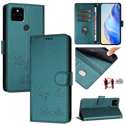 Teal RFID leather phone case with embossed smile pattern and side wallet flap.