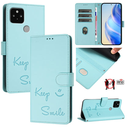 Light blue RFID leather phone case with embossed smile pattern and side wallet flap.