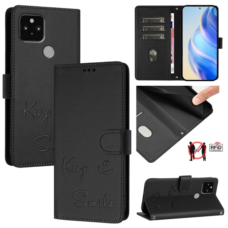 Black RFID flip phone case with smile embossing and card slots