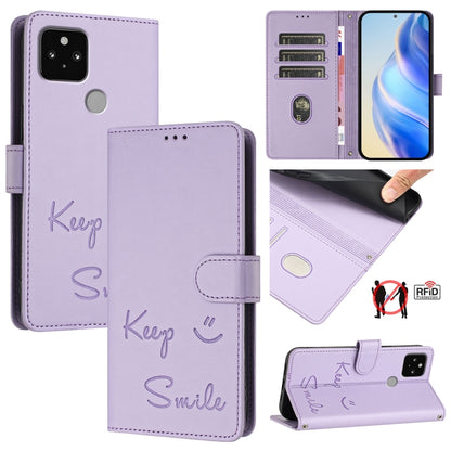 Light purple RFID flip phone case with smile embossing and card slots