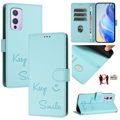 Mint blue folio leather phone case with smile embossing and side stand flap