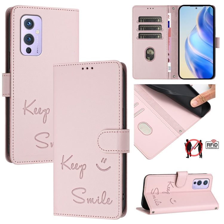 Pink folio leather phone case with smile embossing and inner card slots