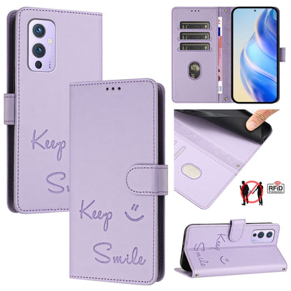Lavender leather-look phone wallet case with flip cover and "Keep Smile" text, RFID