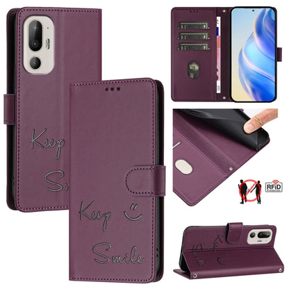 Smile Embossing RFID Leather Phone Case, For HTC U24 Pro
