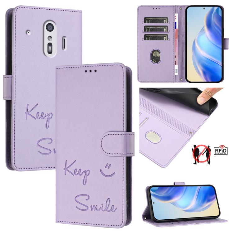 Smile Embossing RFID Leather Phone Case, For Fujitsu Arrows We3, For Fujitsu Arrows We2, For Fujitsu Arrows We2 Plus, For Fujitsu Arrows F-01L F-42A