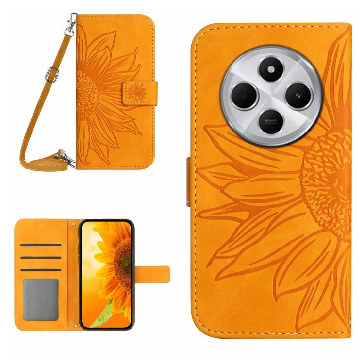 Skin Feel Sun Flower Embossed Flip Leather Phone Case with Lanyard, For Redmi Note 14 4G 163.25mm, For Redmi Note 14 5G, For Redmi Note 14 Pro+ 5G, For Redmi 14C 4G