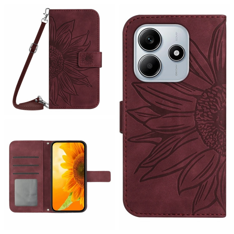 Skin Feel Sun Flower Embossed Flip Leather Phone Case with Lanyard, For Redmi Note 14 4G 163.25mm, For Redmi Note 14 5G, For Redmi Note 14 Pro+ 5G, For Redmi 14C 4G